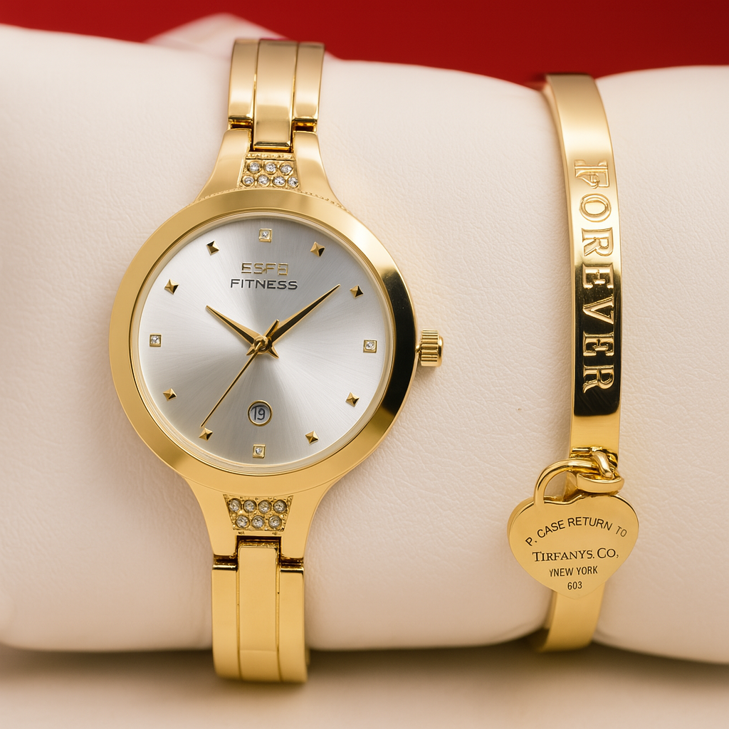 Forever Luxe: Gold Crystal Watch & Heart Charm Bangle