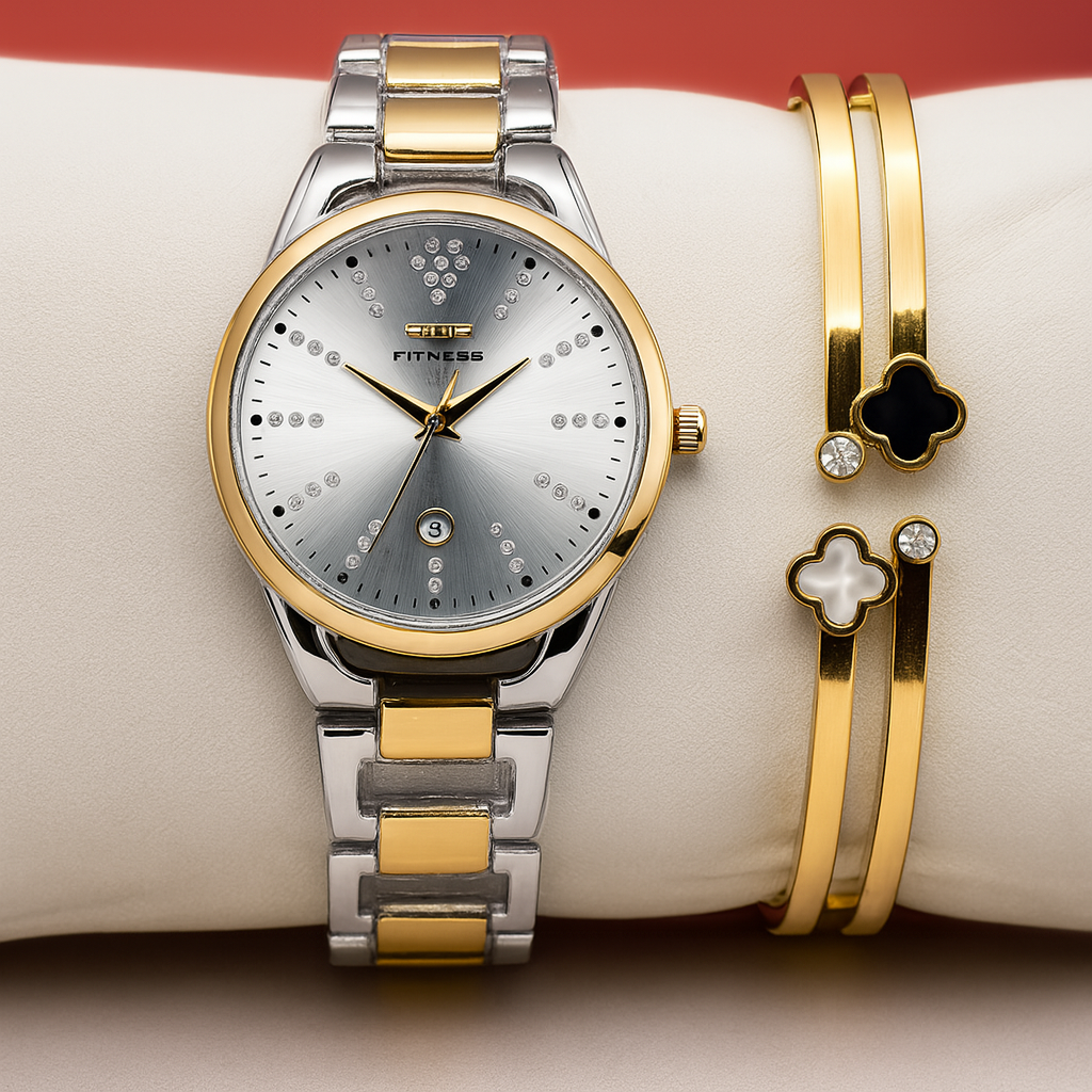 Timeless Grace: Two-Tone Luxe Watch and Clover Bangle Set
